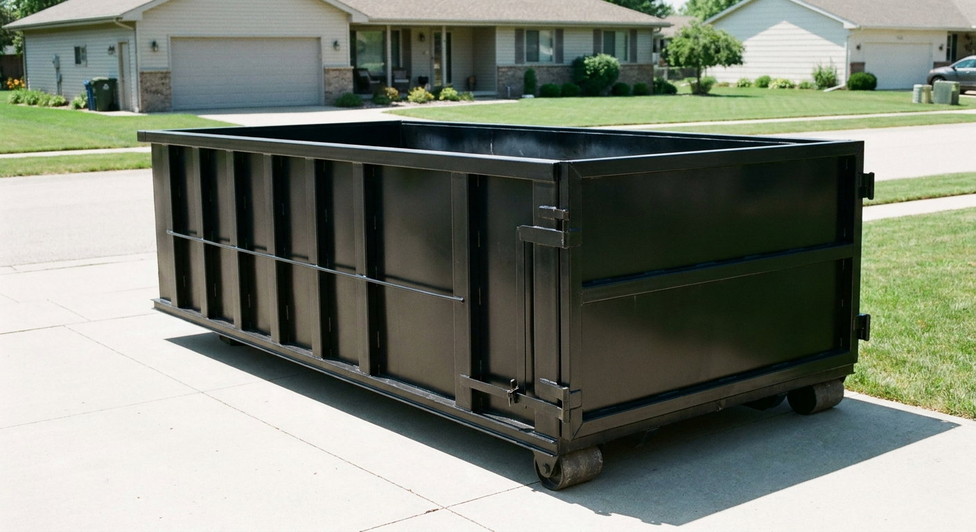 Matte-black 10-yard roll-off dumpster on a residential concrete driveway in Los Lunas, uniformly painted matte black across every panel and rail, ribbed steel sidewalls and rear swing door visible, mid-day daylight.