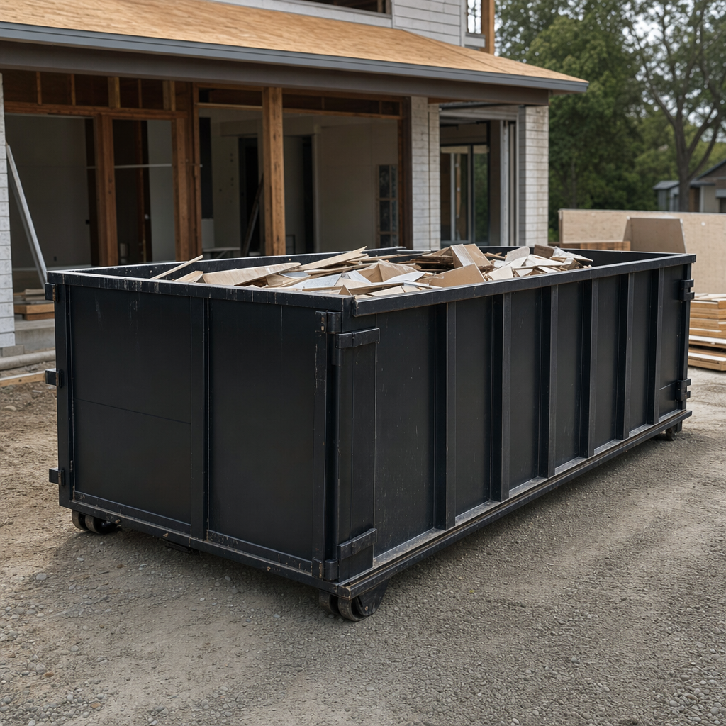 Large matte-black 30-yard construction roll-off dumpster at an active Los Lunas jobsite, steel-gray top rails and bottom rollers visible, loaded with construction debris.