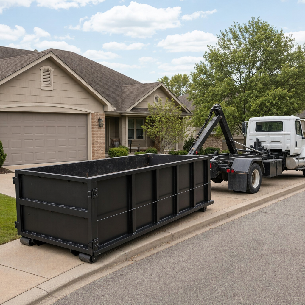 Wide documentary shot of a matte-black roll-off dumpster on a Los Lunas residential driveway in the foreground and a contractor jobsite container in the soft-focus background, bright daylight, calm and orderly composition.