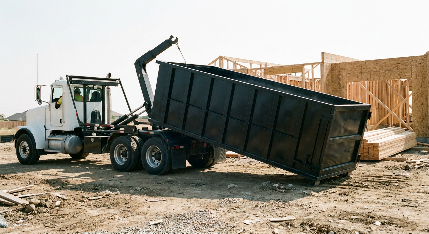 Matte-black roll-off dumpster being delivered onto a clean residential concrete driveway in Los Lunas by an unmarked white hooklift hauler truck, bright morning daylight, documentary 35mm perspective.